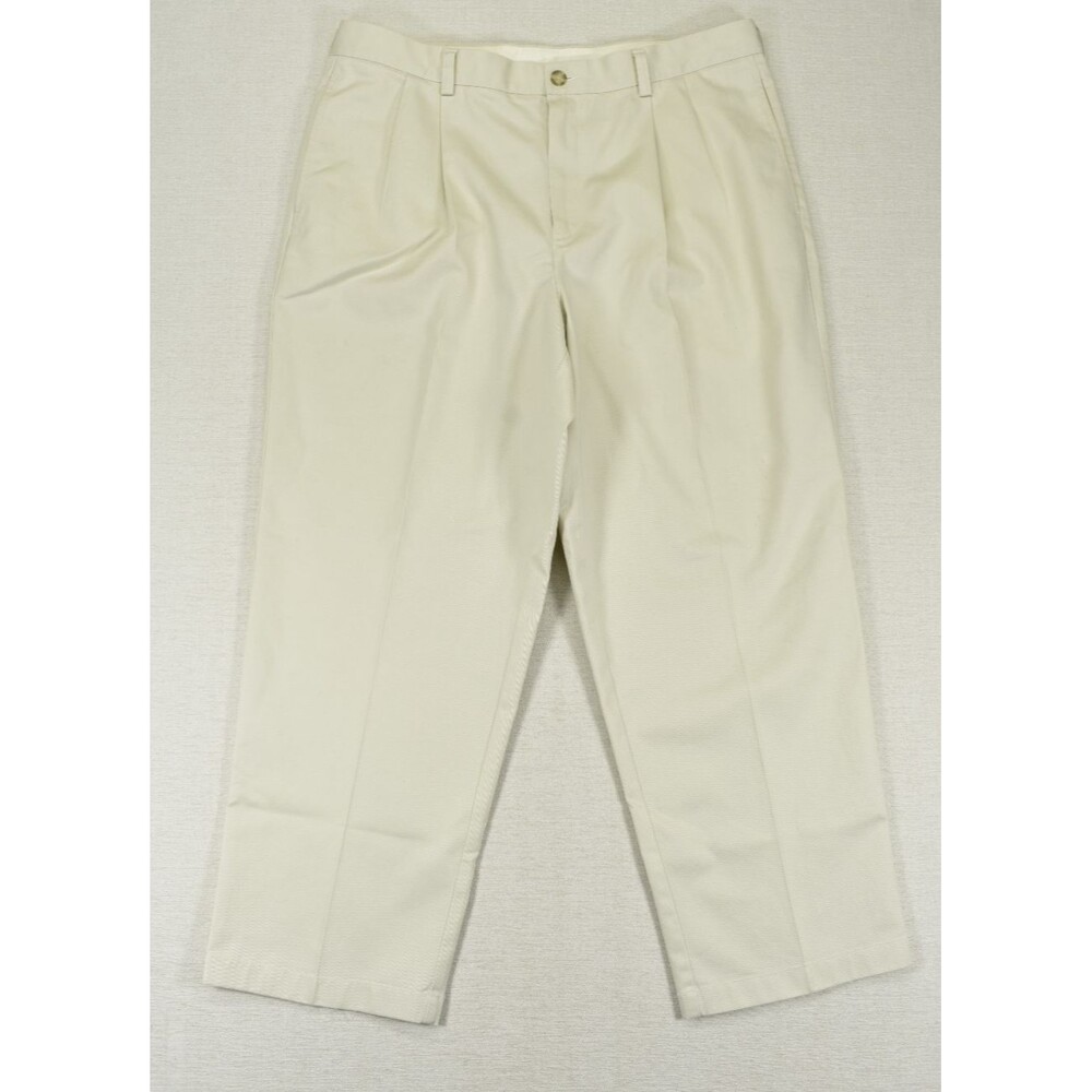 LL Bean Natural Fit Pants Mens 37x29 Light Khaki Pleated Chinos Dress Slacks